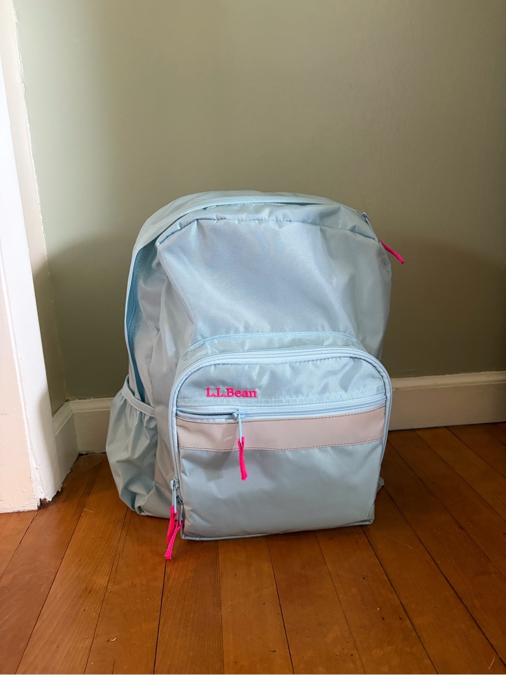 L.L. Bean Pale Blue Backpack with Pink Accents